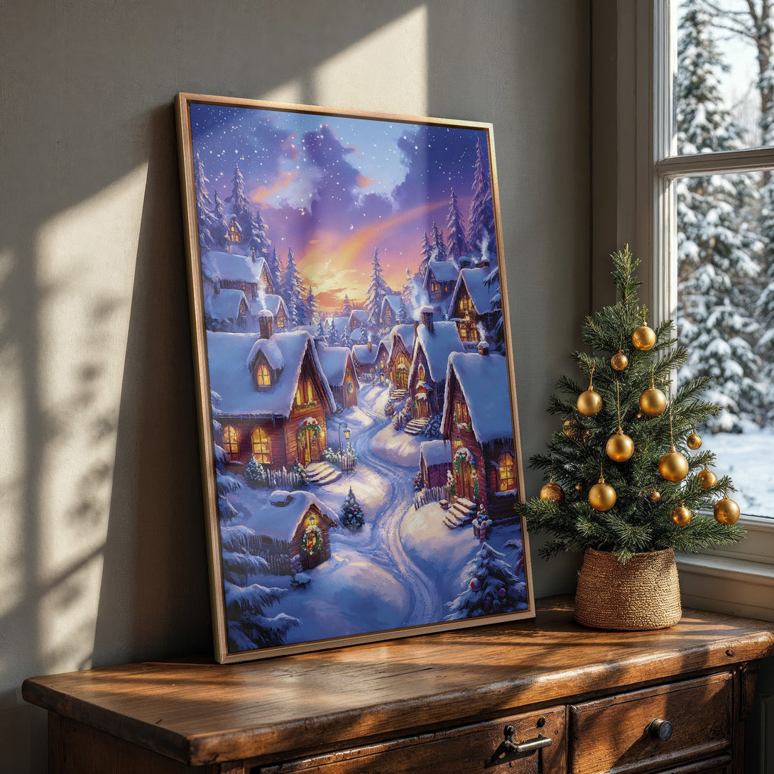 Framed Wall Art: Winter village scene in a painterly style with a blue, purple, and gold color palette. Perfect Christmas decor for a cozy home.