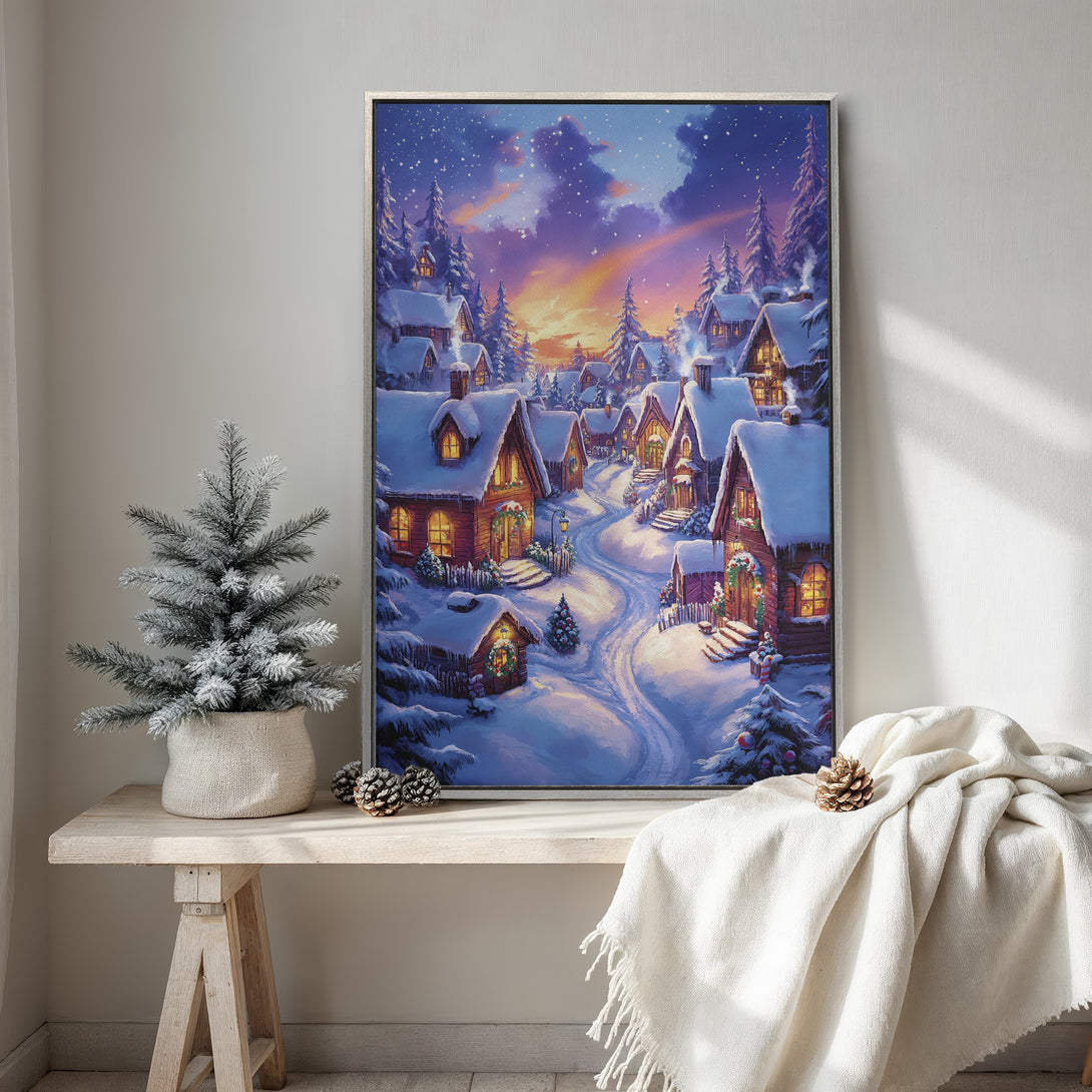 Framed Wall Art: Winter village scene in a painterly style with a blue, purple, and orange color palette. Perfect for cozy home decor!