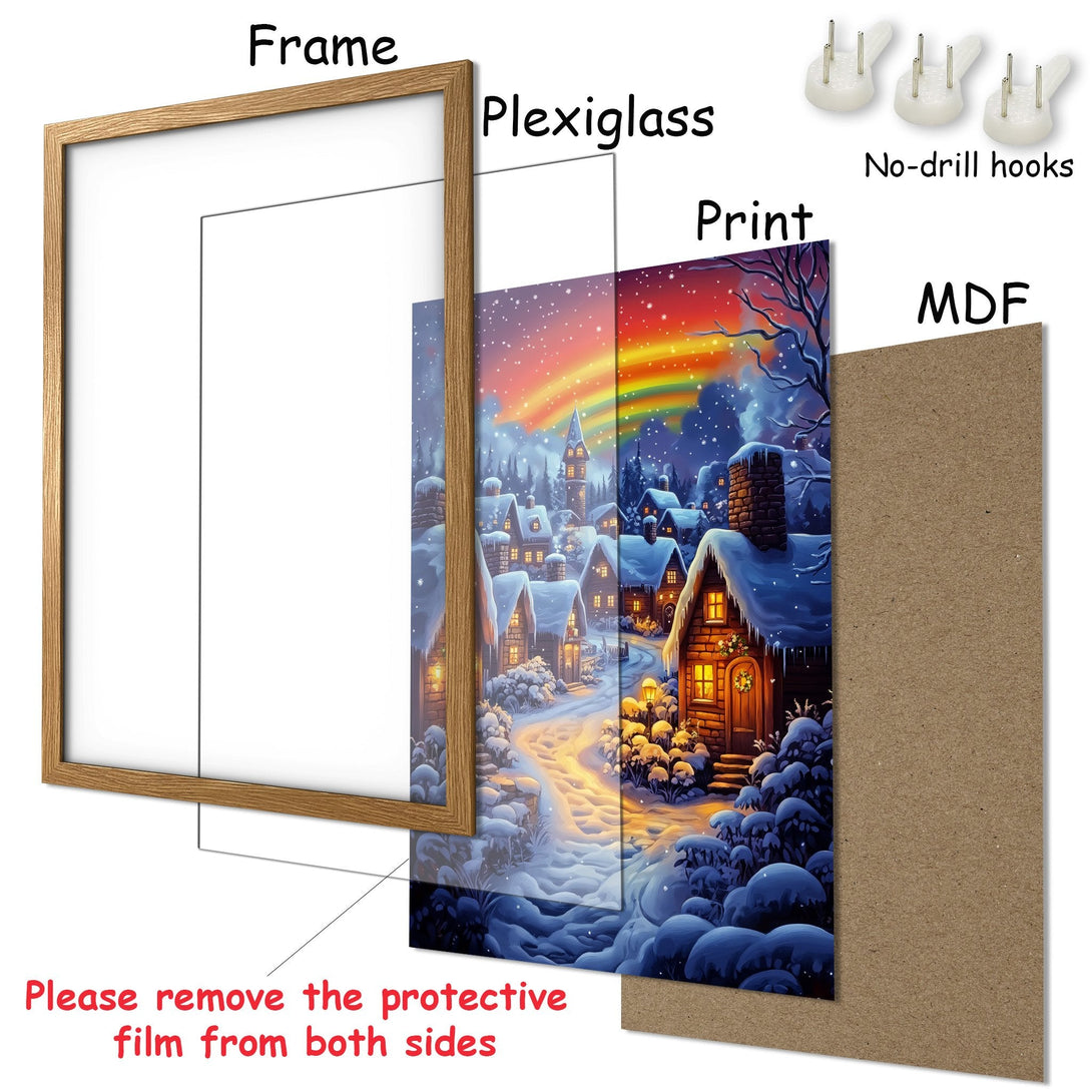Framed Poster of a winter village scene with a rainbow, vibrant colors and a warm palette. Ready to hang!
