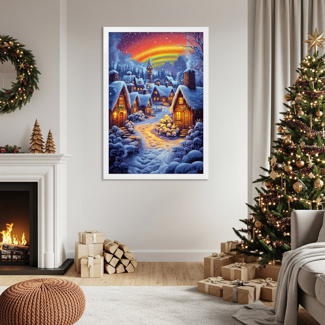 Framed Poster of a winter village scene with a rainbow, in a whimsical style, featuring a blue, orange, and white color palette.