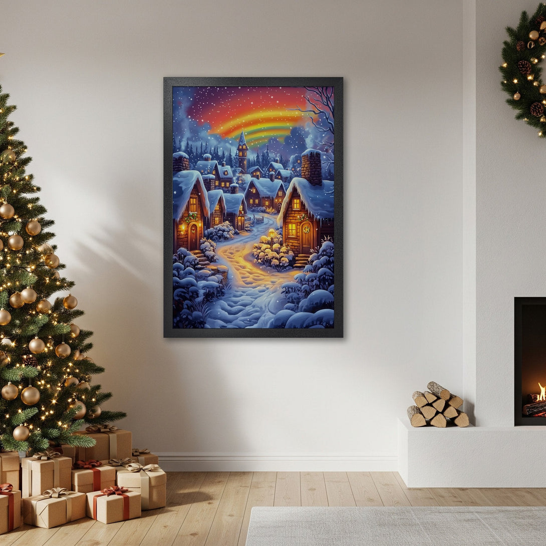 Framed Poster: Winter village scene in a whimsical style with a rainbow, blue & warm tones. Perfect Christmas decor!