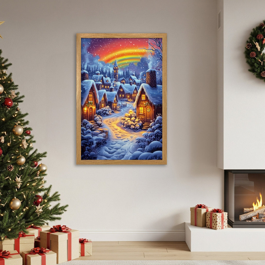Framed Poster of a winter village scene with a rainbow, in a whimsical style with blue, orange, and white colors. Perfect holiday decor!