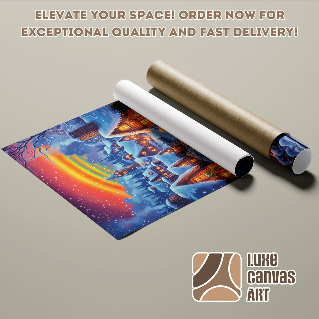 Poster Roll of a winter village scene with a vibrant, colorful palette. Order yours today!