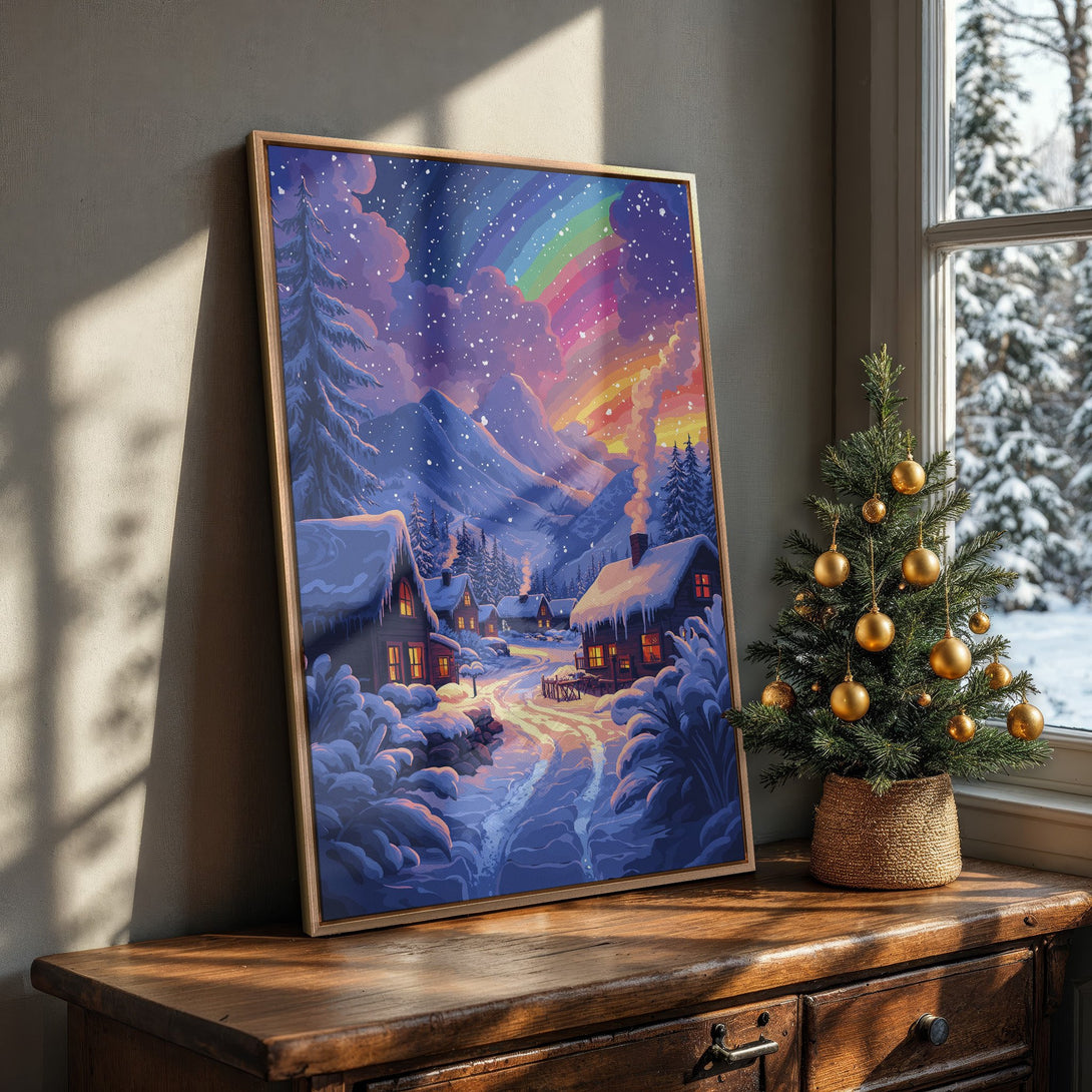 Framed Wall Art: Winter village scene in vibrant blues, purples, and oranges. Cozy illustration style, perfect for holiday decor and adding warmth to your home.
