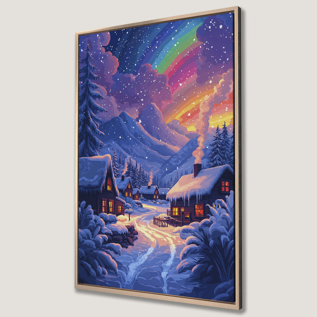 Framed Wall Art featuring a cozy winter village scene with a rainbow, in a vibrant blue, purple, and orange color palette. Perfect for adding warmth.