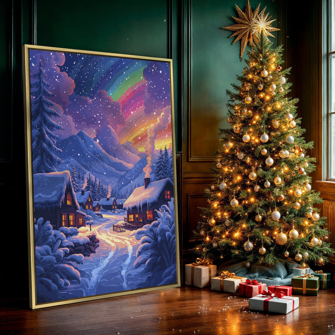 Canvas Print of a winter village scene with a rainbow, vibrant colors, and a cozy, illustrated style. Perfect for adding warmth to your home!