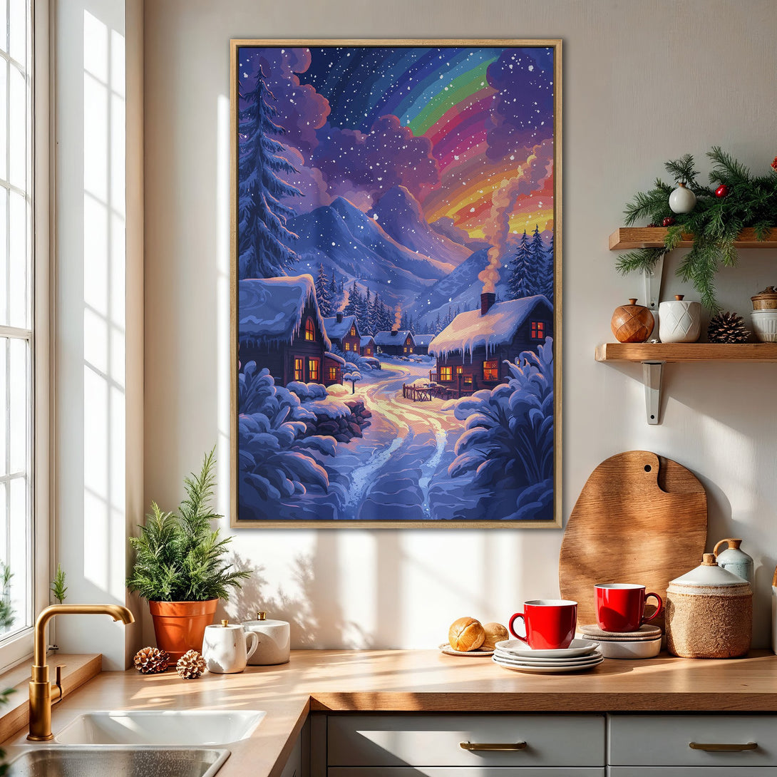 Framed Wall Art: Winter village scene with a rainbow, in a vibrant blue and orange color palette. Perfect for cozy home decor.
