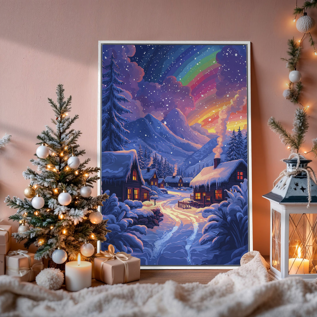 Framed Wall Art: Winter village scene with rainbow, vibrant colors. Perfect for cozy home decor. Canvas Print of a snowy landscape.