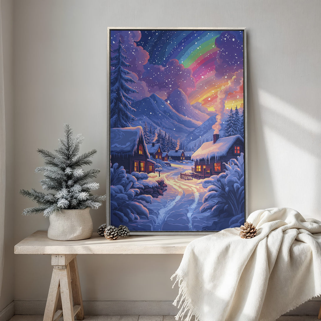 Framed Wall Art: Whimsical winter village scene with rainbow, in a vibrant, colorful palette. Perfect for cozy home decor. Shop this beautiful Canvas Print today!