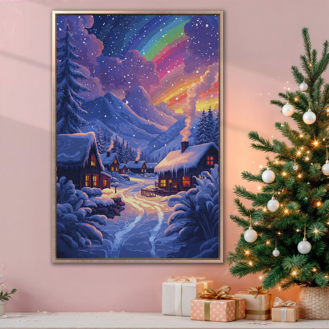 Framed Wall Art of a winter village scene with a rainbow, in a vibrant blue, purple, and orange palette. Perfect for cozy holiday decor.
