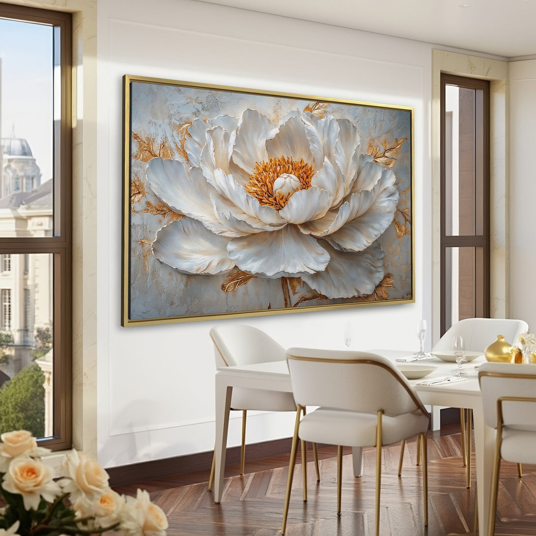 Canvas Print of a large white peony flower with gold accents, displayed in a green-walled room. Elegant floral art with a neutral and gold palette.
