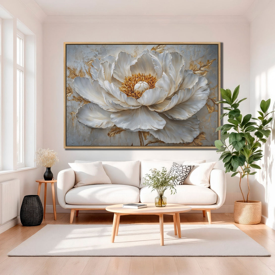 Framed Wall Art: Elegant white peony canvas print in a modern living room. Features a neutral color palette with gold accents. Perfect for home decor.