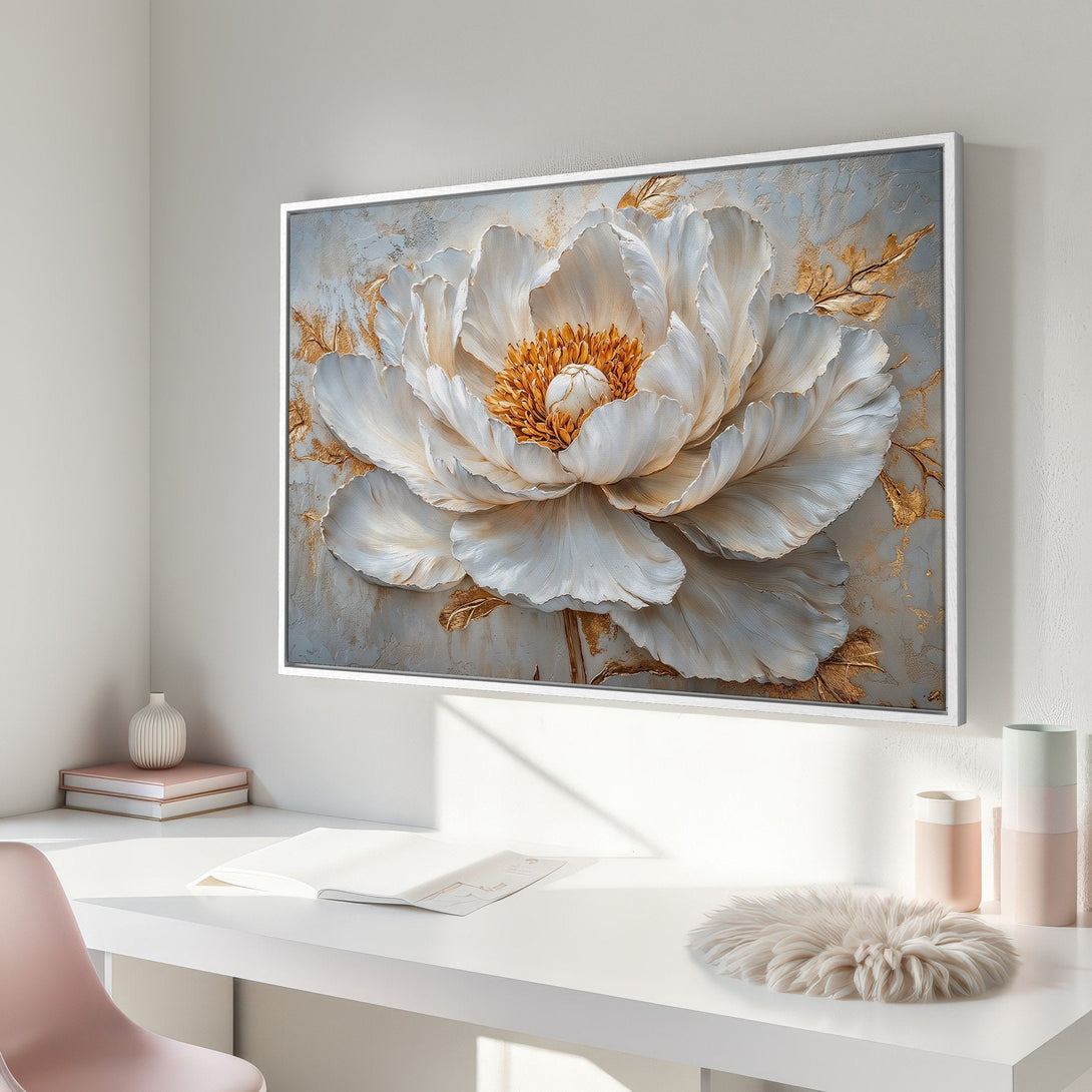 Framed Wall Art: Elegant white peony canvas print with gold accents. Modern floral art in a soft, neutral color palette. Perfect for home decor.