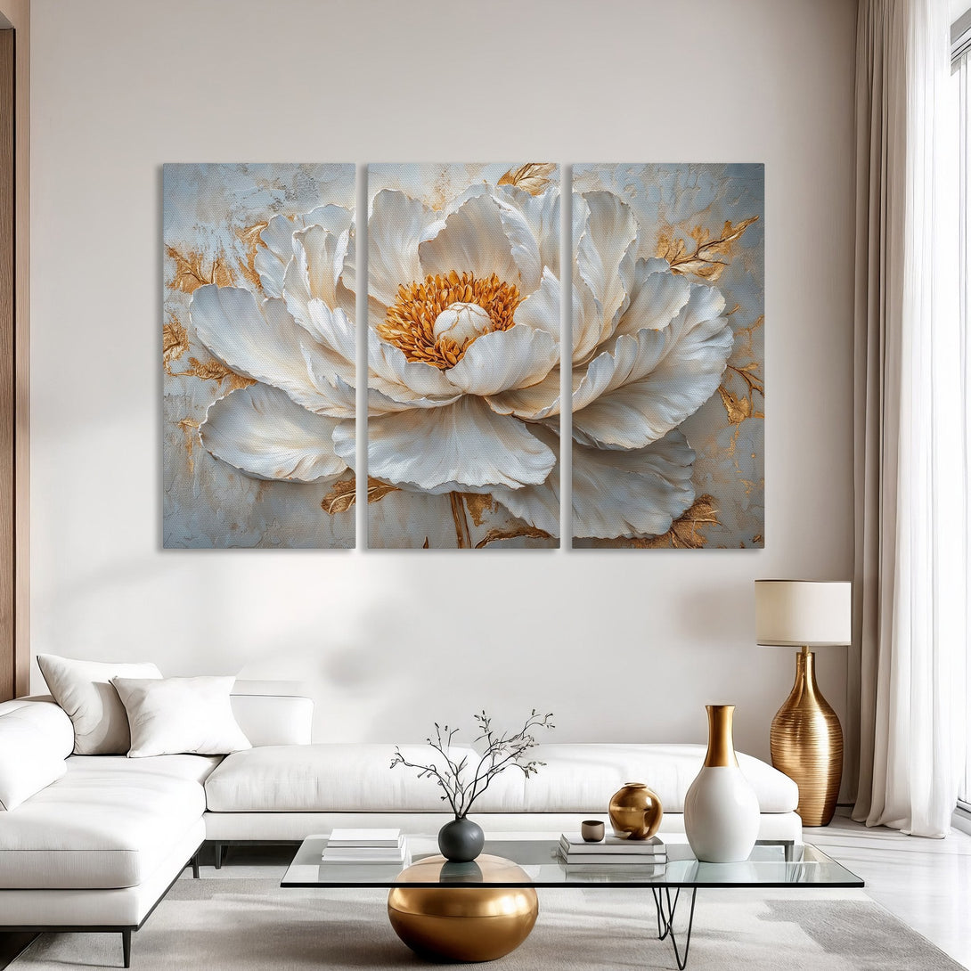 Canvas Print of a large white peony flower with gold accents, displayed in a modern interior. Soft, neutral color palette.