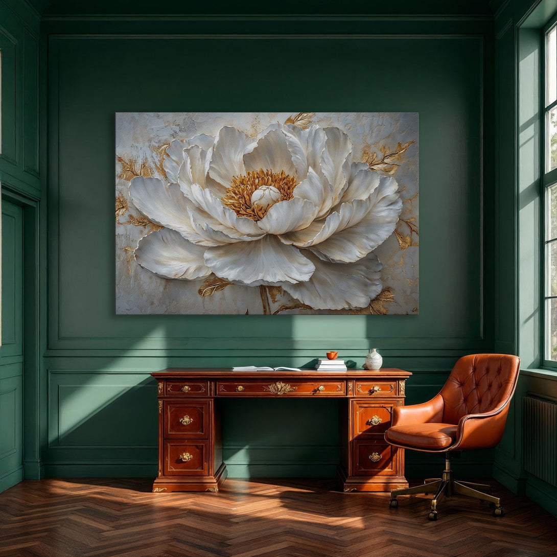 Framed Wall Art: Elegant white peony canvas print with gold accents, perfect for modern home decor. Soft, neutral color palette.