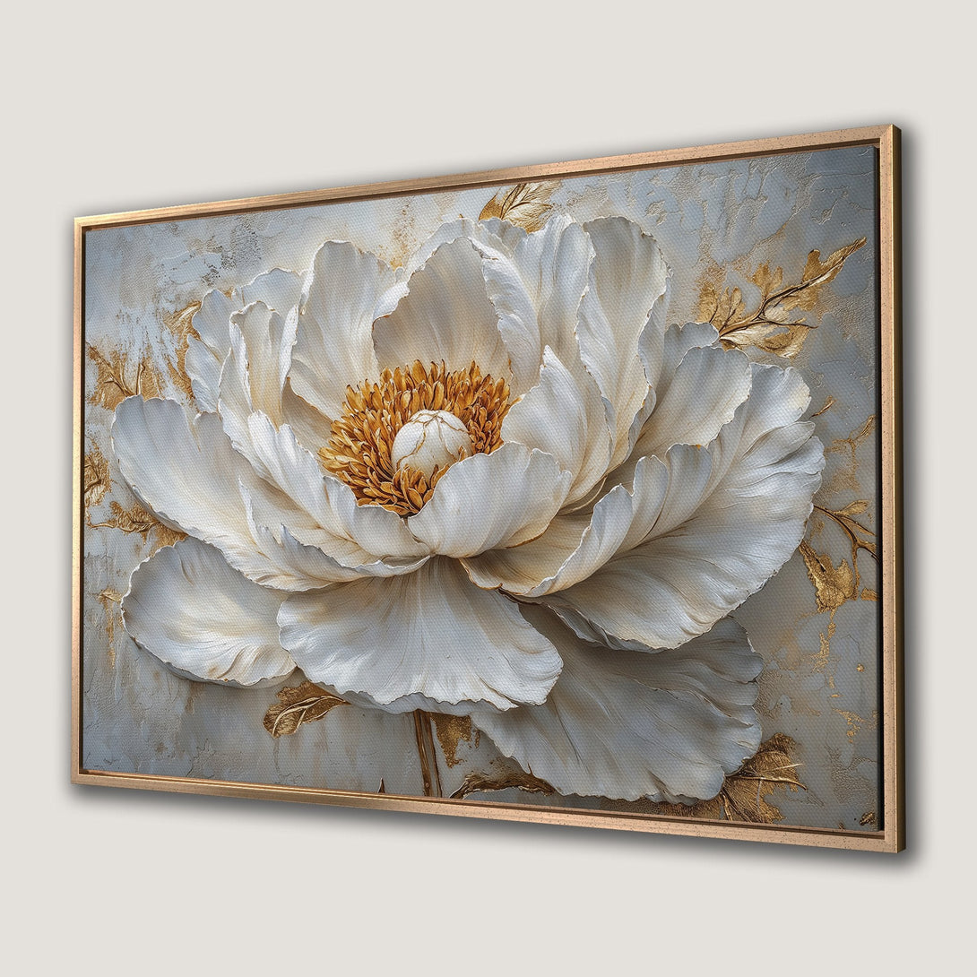 Framed Wall Art: Elegant white peony canvas print with gold accents on a textured gray background. Modern floral art for your home.