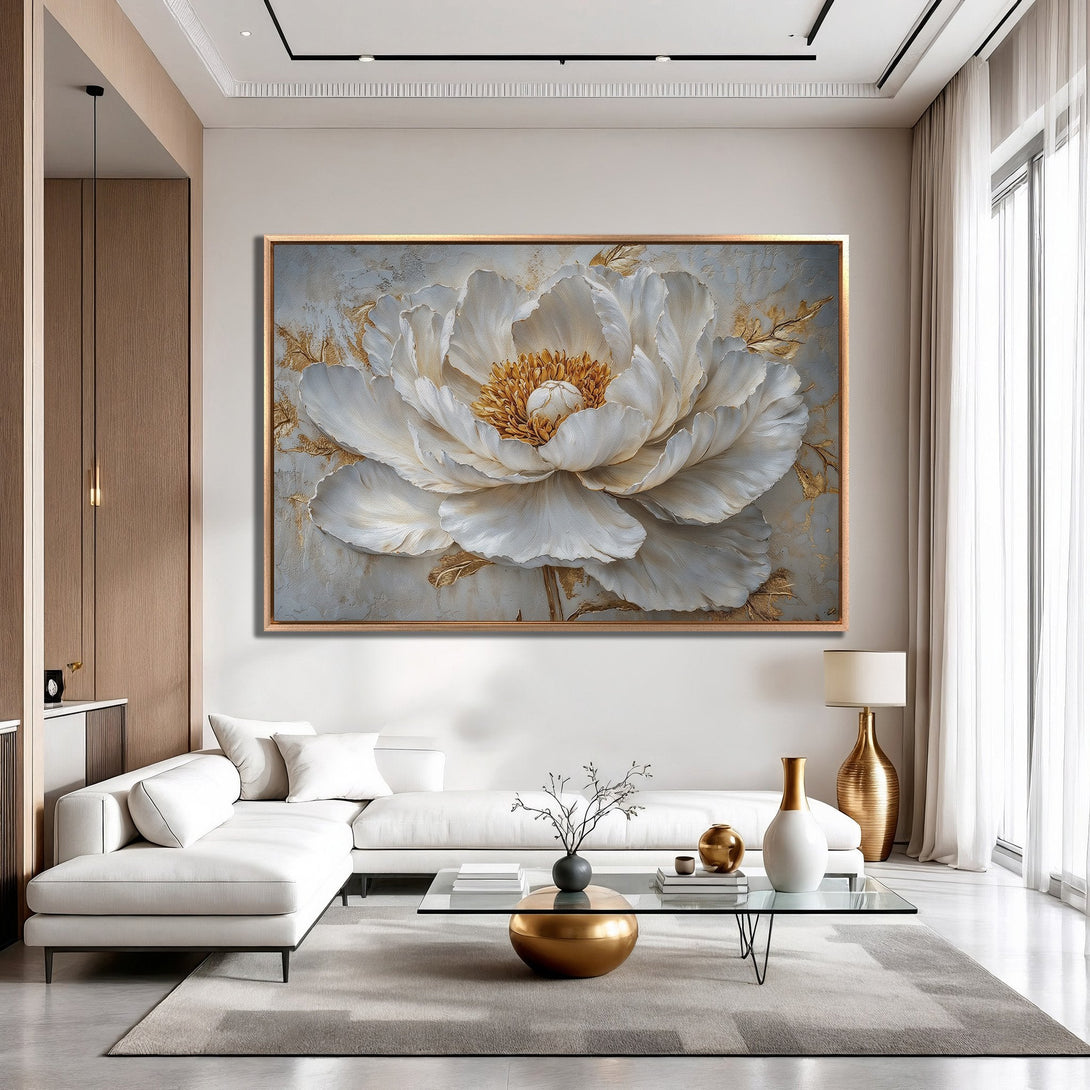 Framed Wall Art: Stunning white peony floral print in a modern interior. Elegant design with gold accents, soft gray and neutral color palette. Elevate your space!