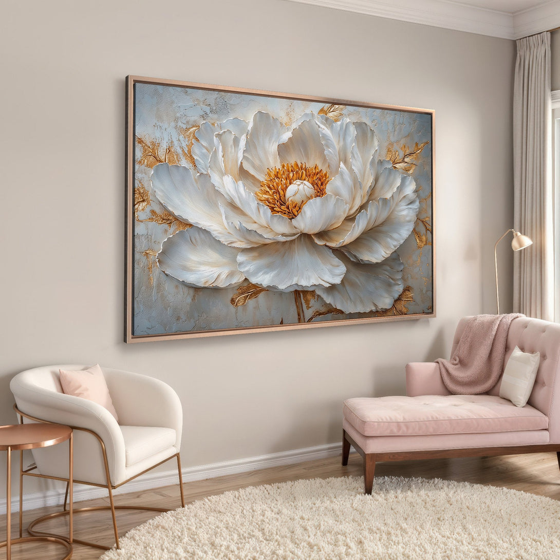 Framed Wall Art: Elegant white peony canvas print with gold accents. Soft, neutral color palette complements any decor. Elevate your space with floral art!