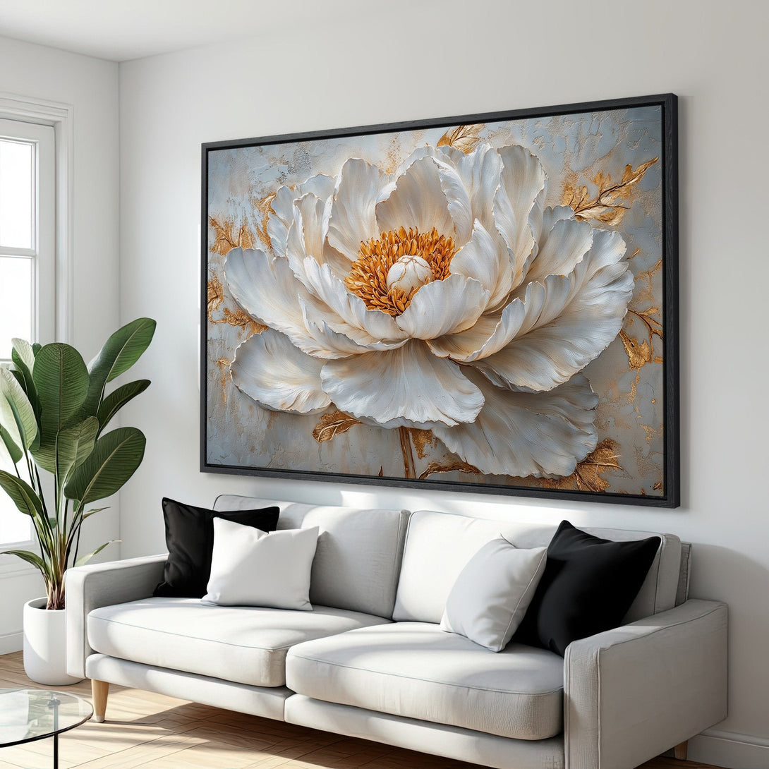 Framed Wall Art: Elegant floral canvas print in neutral tones. Modern botanical art with gold accents, perfect for living room decor.