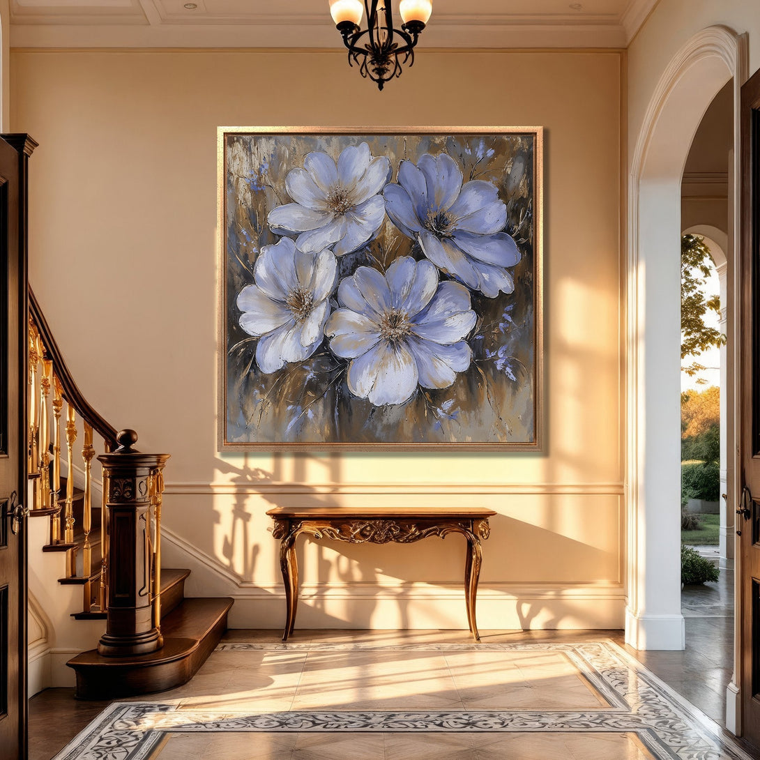 Framed Wall Art: Elegant floral Canvas Print in a classic interior. Featuring blue and white flowers against a warm, neutral color palette. Perfect home decor accent.