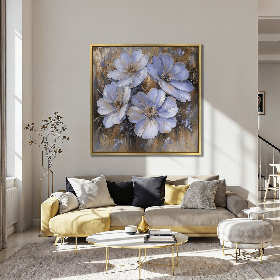 Canvas Print of large floral art in a modern interior. Features a blue, gold, and white color palette. Perfect for living room decor.