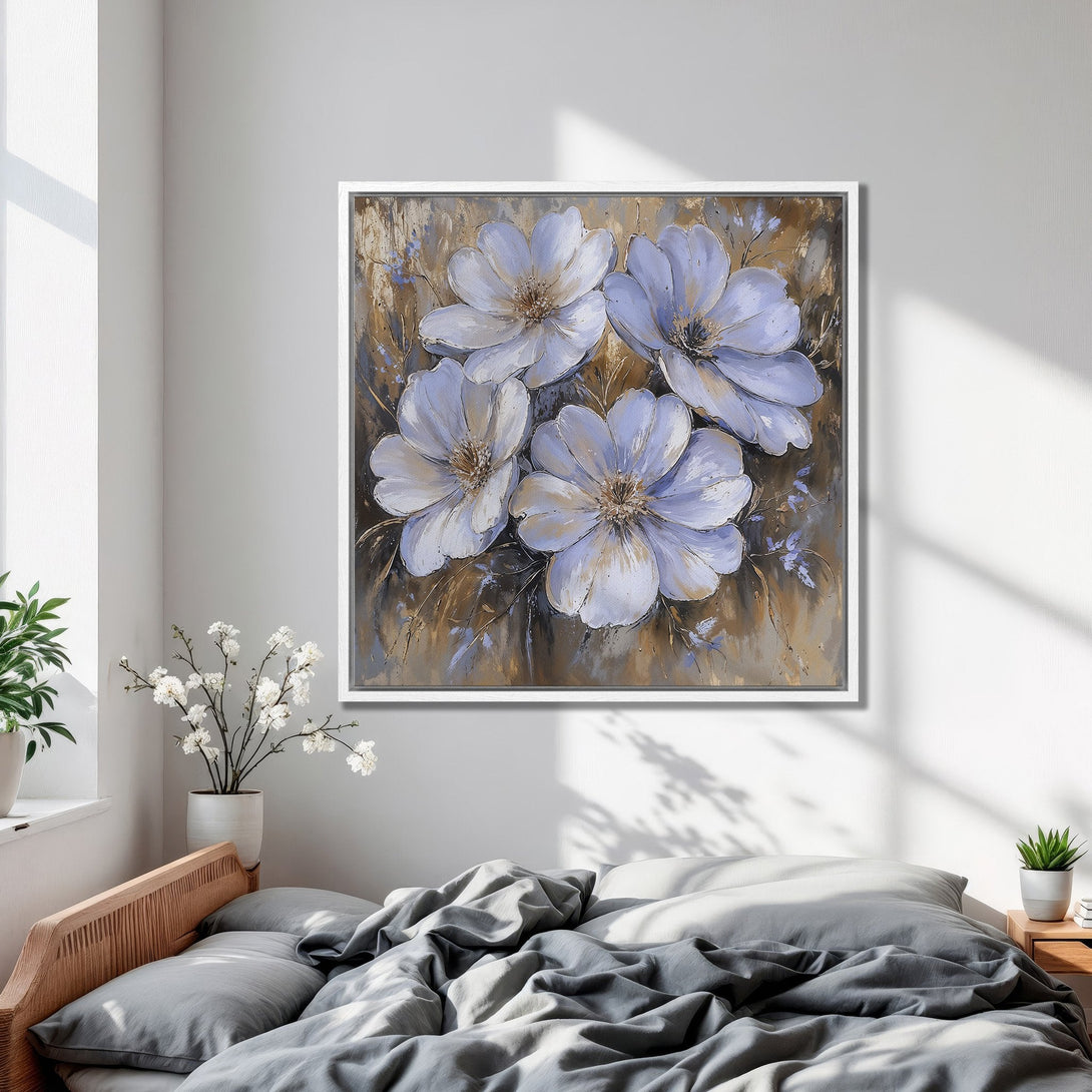 Framed Wall Art featuring elegant blue floral painting. Adds a touch of serenity with its neutral, gold, and blue color palette. Perfect for bedroom decor.