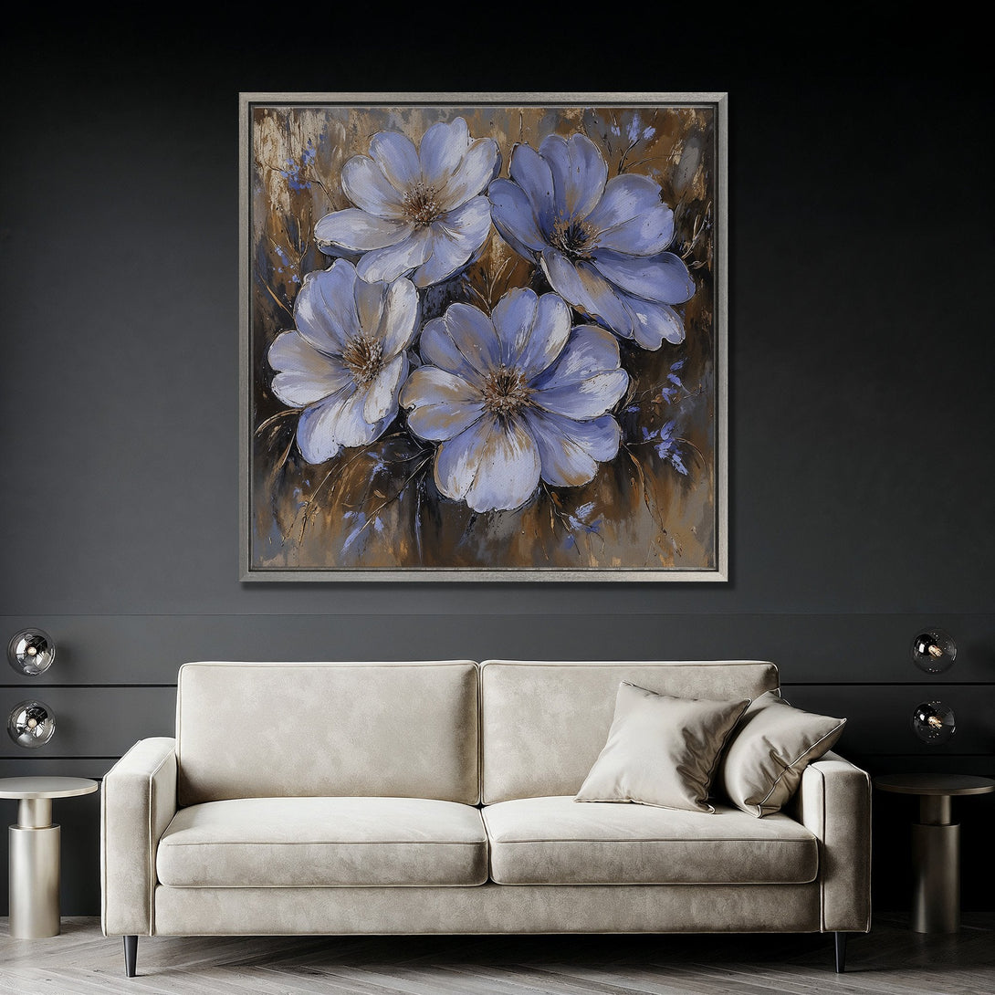 Framed Wall Art featuring elegant blue floral artwork. Modern style with a muted blue and brown color palette. Perfect for living room decor.