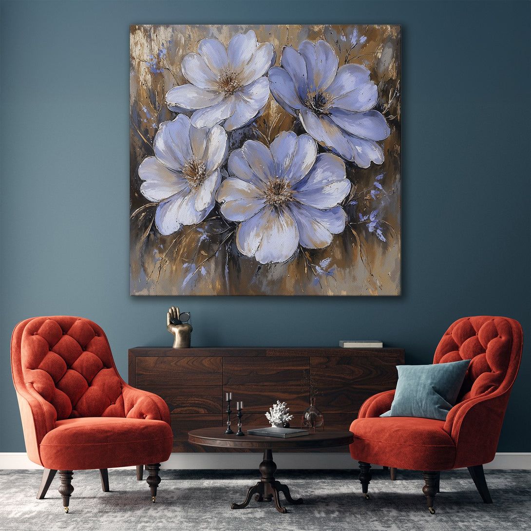 Framed Wall Art featuring elegant blue floral painting. Modern style with a neutral and gold color palette, perfect for living room decor.