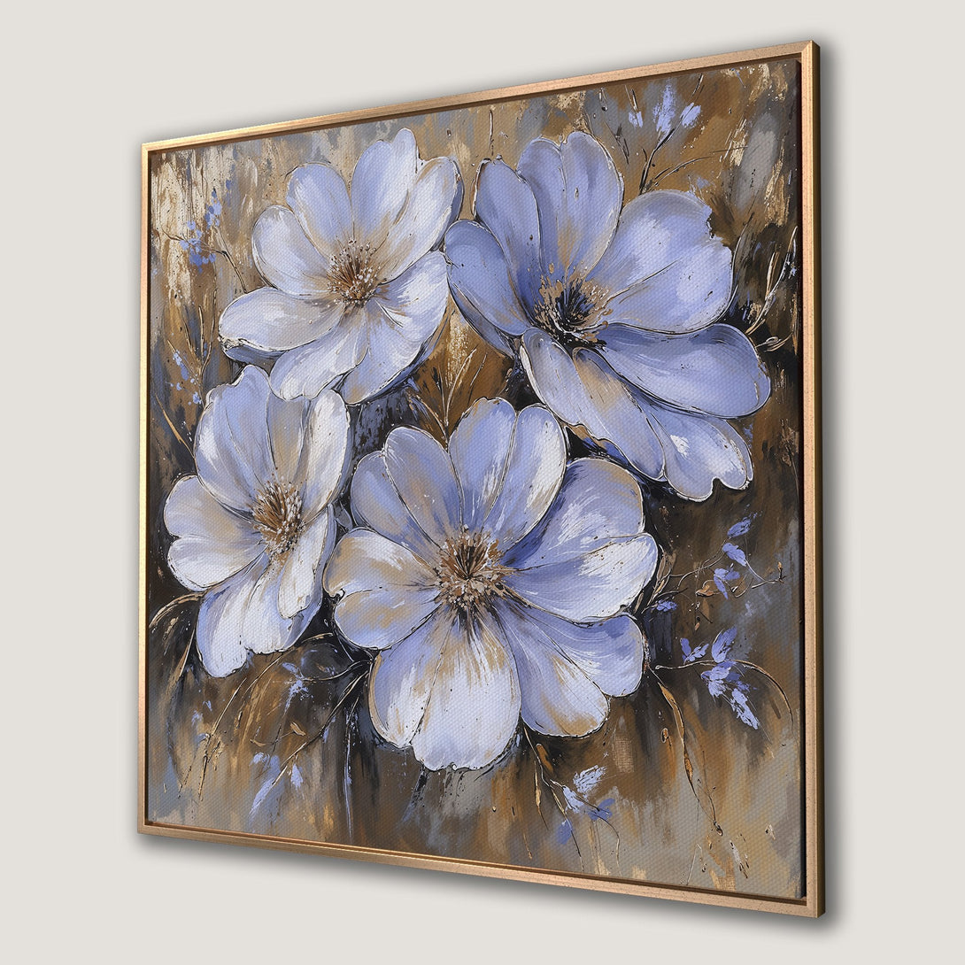 Framed Wall Art: Floral Canvas Print in muted blue, gold, and brown tones. Modern abstract art for home decor.