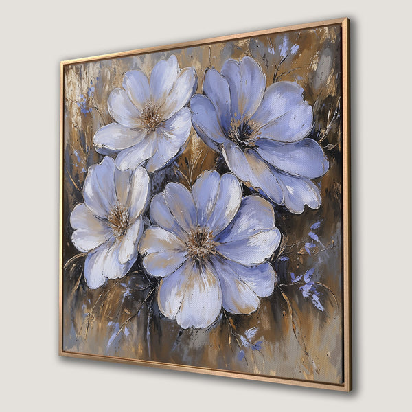 Framed Wall Art: Floral Canvas Print in muted blue, gold, and brown tones. Modern abstract art for home decor.