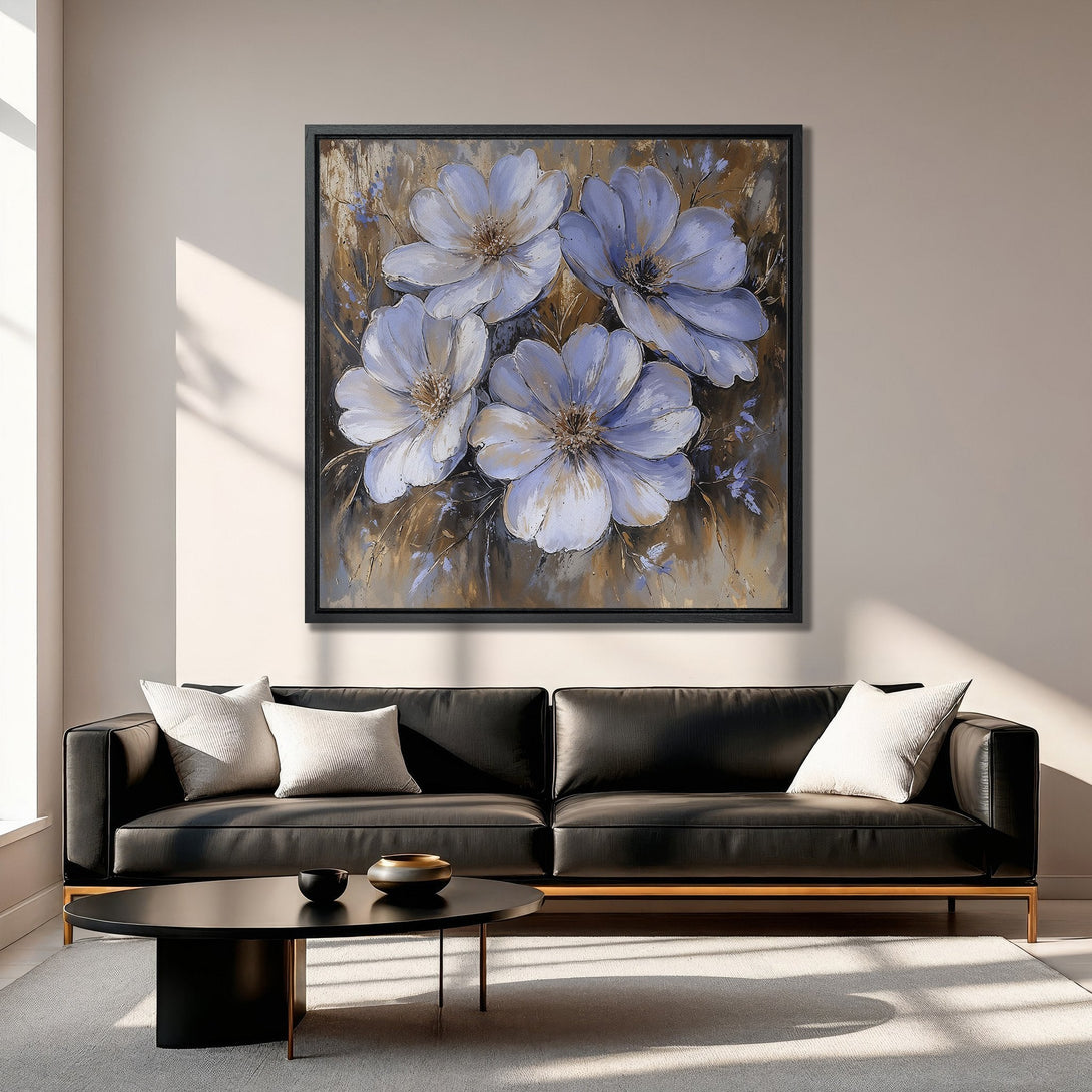 Framed Wall Art: Abstract floral painting in blue and gold tones. Modern canvas art perfect for living room decor.