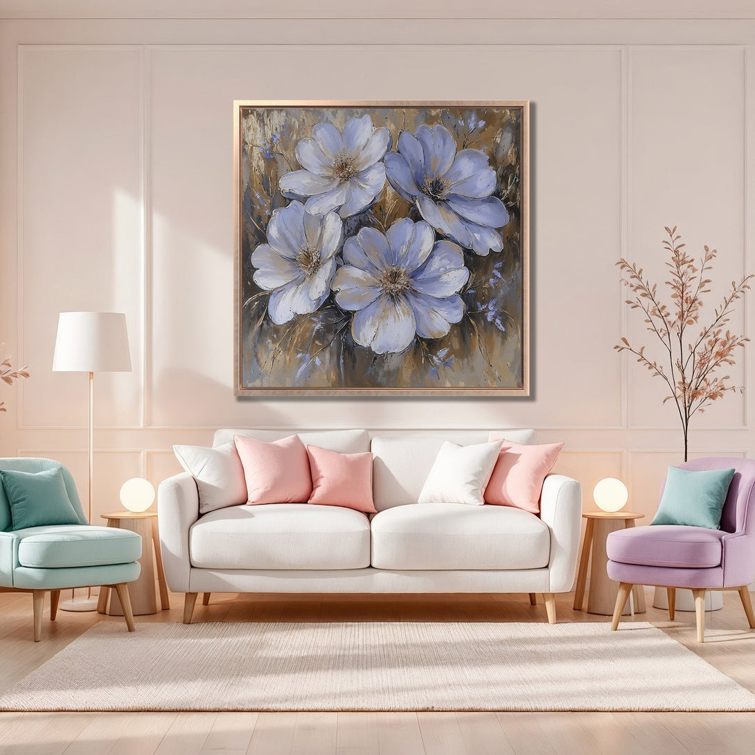 Framed Wall Art featuring elegant floral painting in soft blue and gold tones, perfect for adding a touch of serenity to any room's decor.