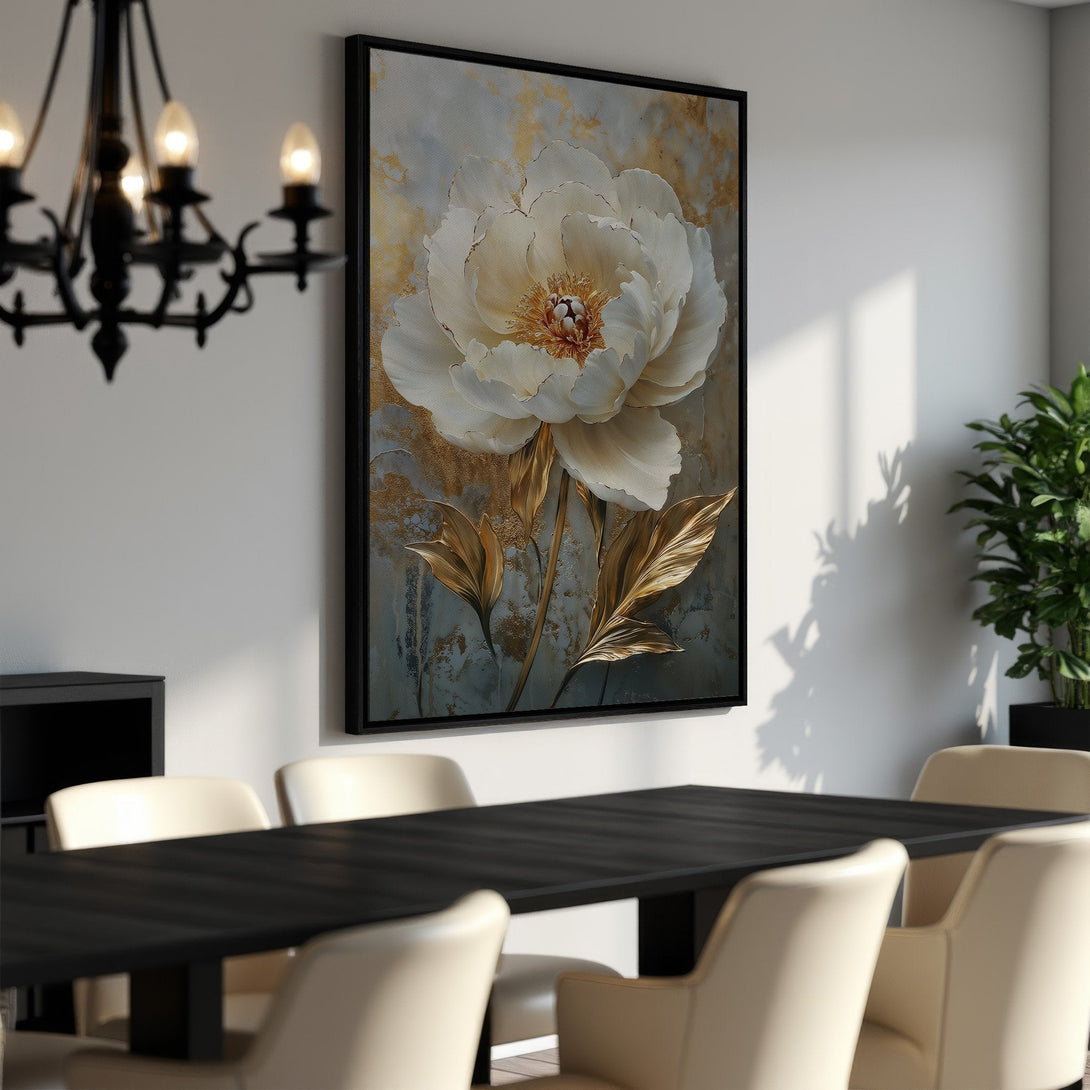 Framed Wall Art: Elegant floral Canvas Print featuring a white peony with gold accents. Perfect for adding a touch of luxury to your dining room decor.