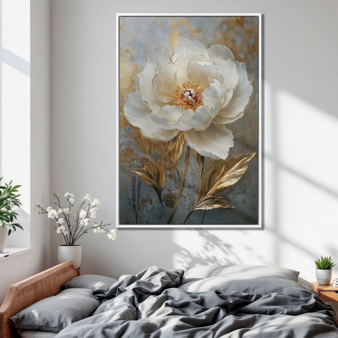 Framed Wall Art: Elegant white peony floral print with gold accents. Modern bedroom decor in neutral tones. Enhance your space with this stunning canvas.