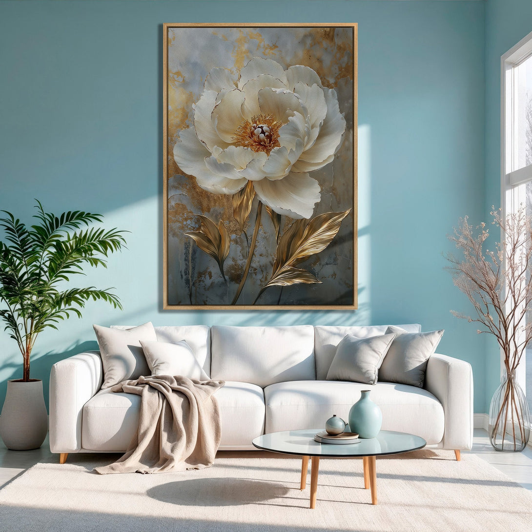 Framed Wall Art featuring a large white peony in a gold and grey abstract style. Elegant floral canvas print with a neutral color palette.