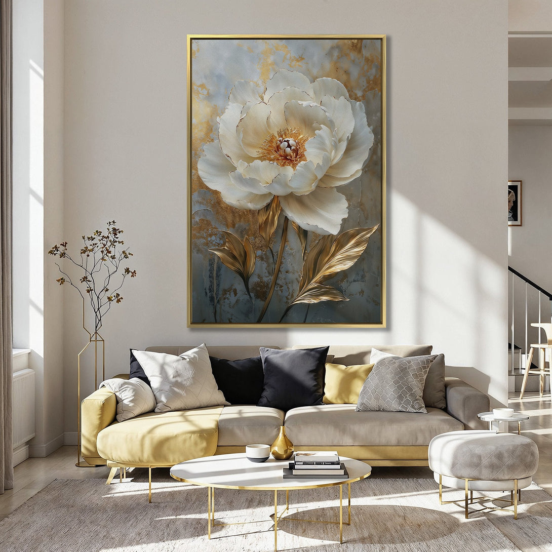 Canvas Print featuring a large white peony with gold accents. Elegant floral art in a soft, muted color palette, perfect for home decor.