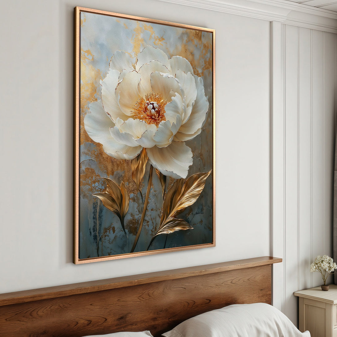 Framed Wall Art: Elegant floral canvas print with a large white peony, gold accents, and a muted blue-gold color palette. Perfect for bedroom decor.