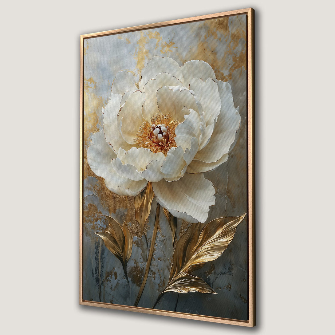 Framed Wall Art: Elegant white peony canvas print with gold accents. Modern floral art with a neutral, luxurious color palette. Perfect for home decor.