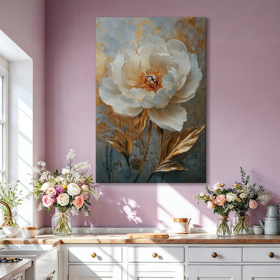 Framed Wall Art: Elegant floral canvas print featuring a large white peony with gold accents. Modern art in a neutral color palette, perfect for home decor.
