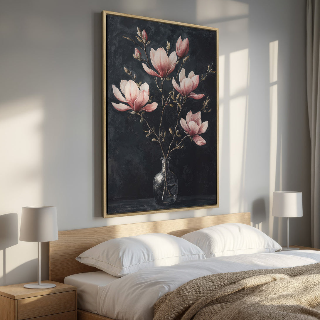 Framed Wall Art featuring elegant magnolia flowers in pink and black, perfect for bedroom decor. Enhance your space with this stylish canvas print!