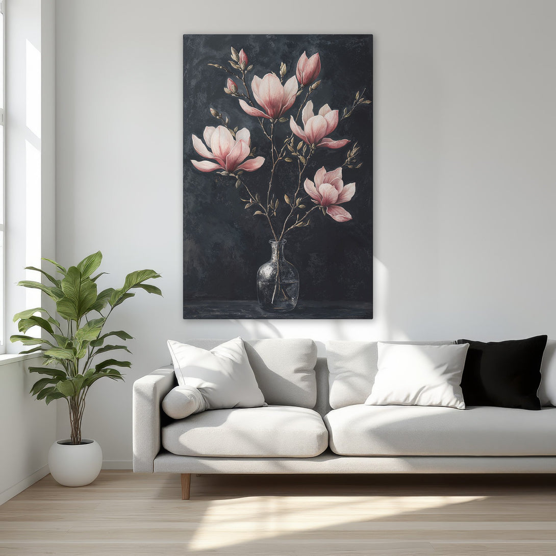 Framed Wall Art: Elegant magnolia flower canvas print with a dark background and pink blooms, perfect for bedroom decor.