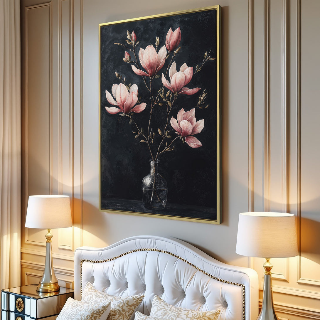 Canvas Print of magnolia flowers in a vase, featuring a dark, moody background and a soft pink and black color palette. Modern wall art for any space.