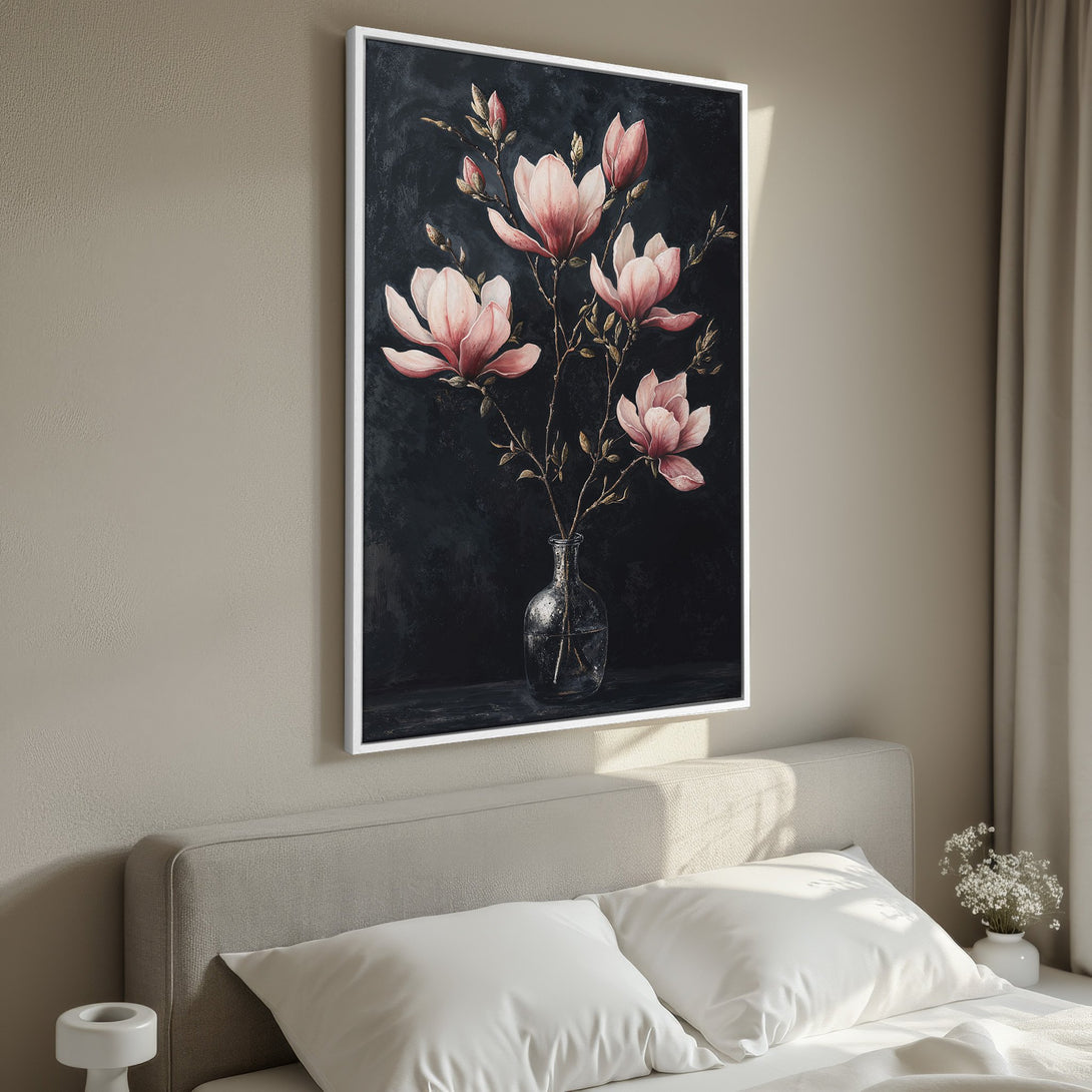 Framed Wall Art featuring a floral watercolor painting of pink magnolias on a dark backdrop. Elegant home decor with a neutral color palette.