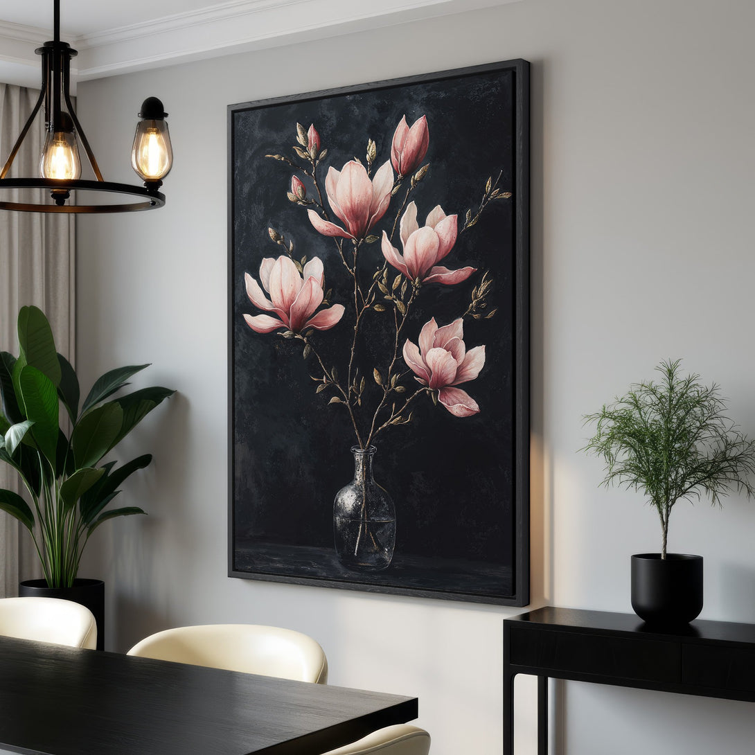Framed Wall Art featuring elegant pink magnolia blossoms on a dark background. Modern floral art with a moody, sophisticated color palette. Elevate your space!
