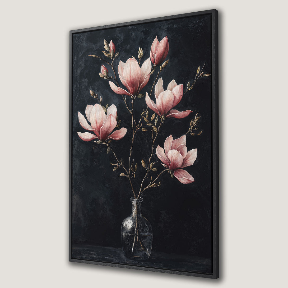 Framed Wall Art featuring a floral still life with pink magnolia blooms against a dark background. Elegant, moody art for your home.