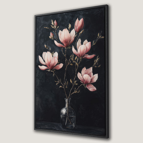 Framed Wall Art featuring a floral still life with pink magnolia blooms against a dark background. Elegant, moody art for your home.