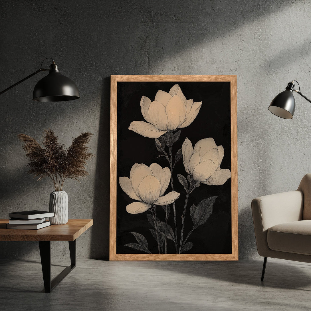 Framed Poster featuring elegant floral art in a neutral color palette. Perfect wall decor for a modern home.