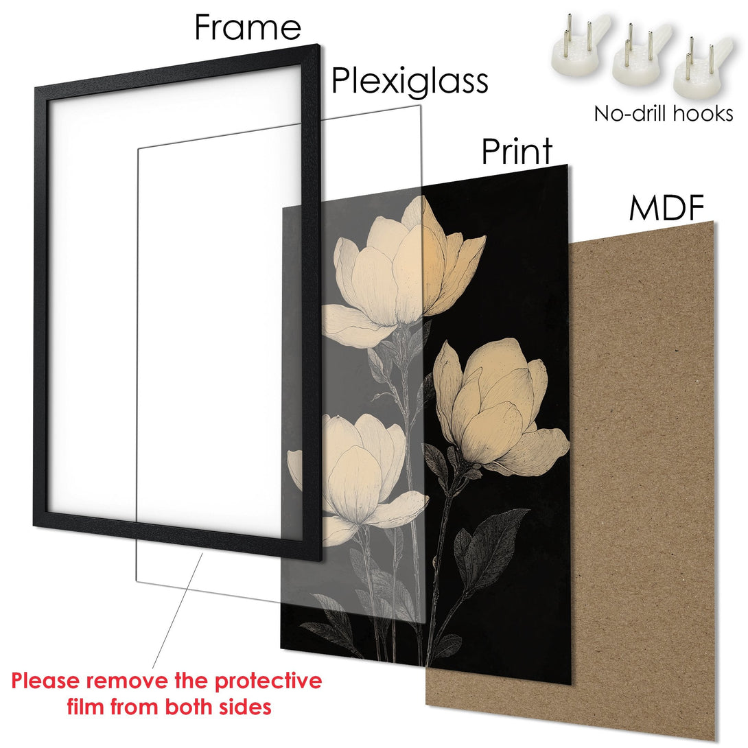 Framed Poster featuring elegant floral art in black, beige, and white. Perfect wall decor for any space!