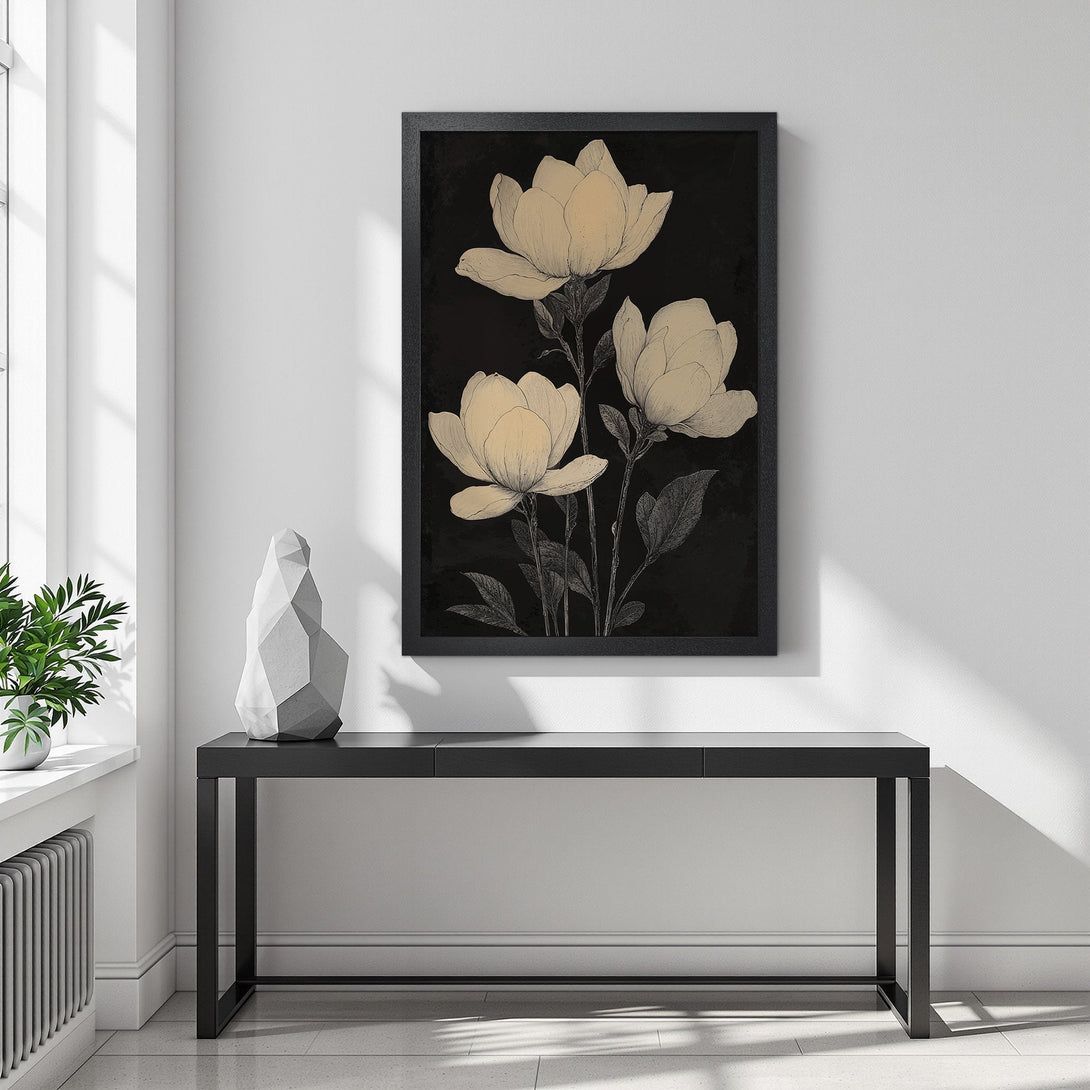 Framed Poster featuring elegant floral art in a neutral color palette. Perfect for adding a touch of sophistication to your home decor.