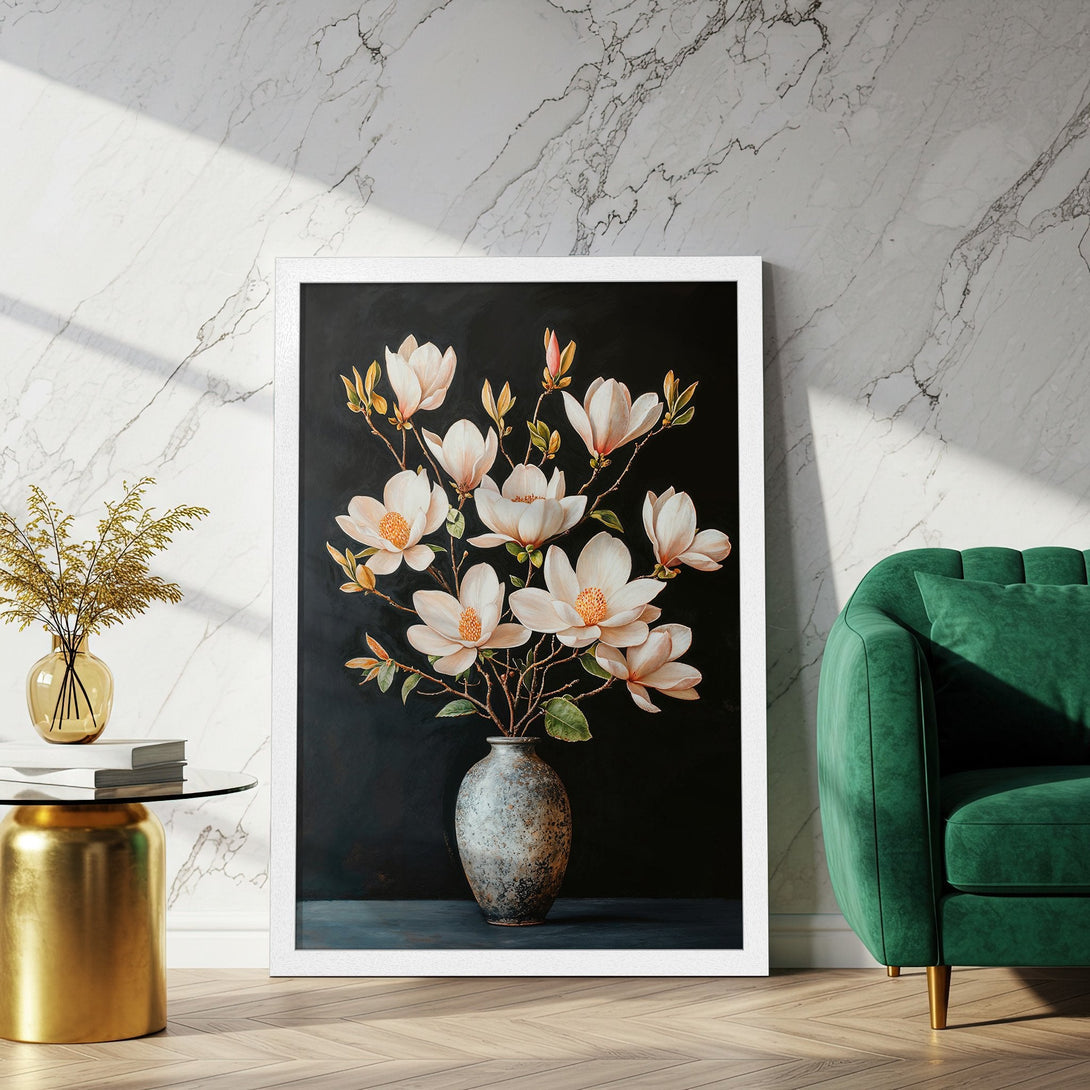 Framed Poster of magnolia flowers in a vase, art print with a dark background and neutral color palette. Perfect for home decor.